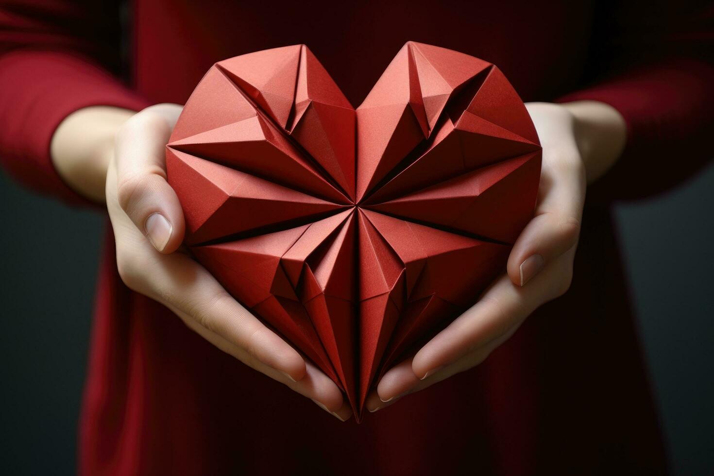 AI generated Paper origami heart in female hands. Valentine's day concept, A delicately folded origami heart, AI Generated photo