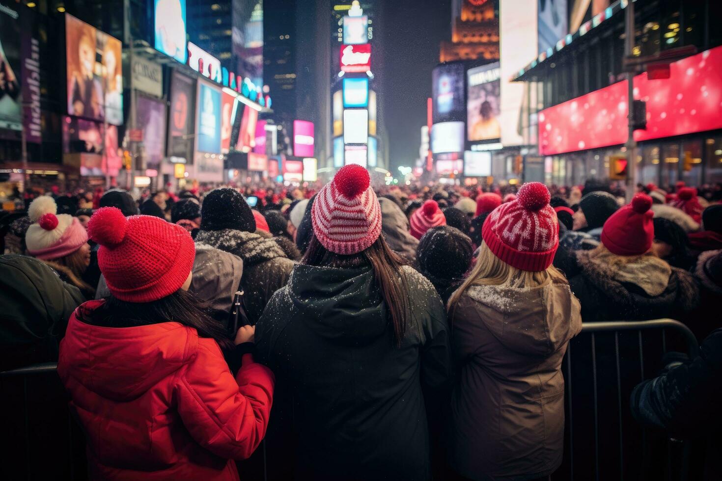 ai generado multitudes de personas a veces cuadrado durante nuevo York ciudad música festival 2017, un multitud esperando para el pelota soltar a veces cuadrado, ai generado foto