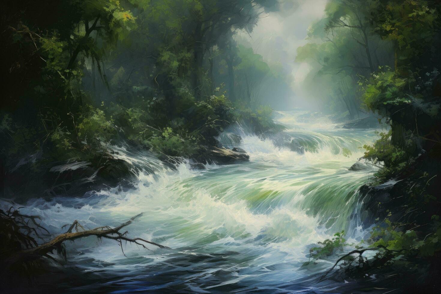 ai generado cascada en el bosque. montaña río con un cascada en el bosque, impresionismo pintura representando un de marea ola y bosque chocando en naturaleza, ai generado foto