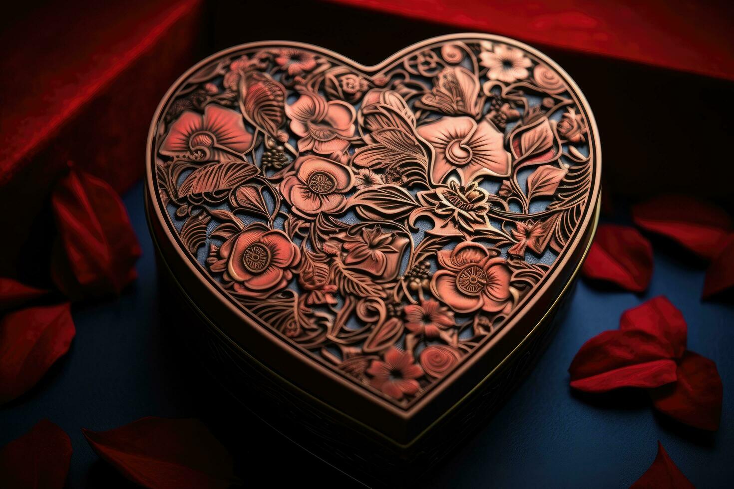 AI generated Heart-shaped box for Valentine's Day with flowers and petals, A detailed, intricate floral design on a Valentine's Day gift box, AI Generated photo