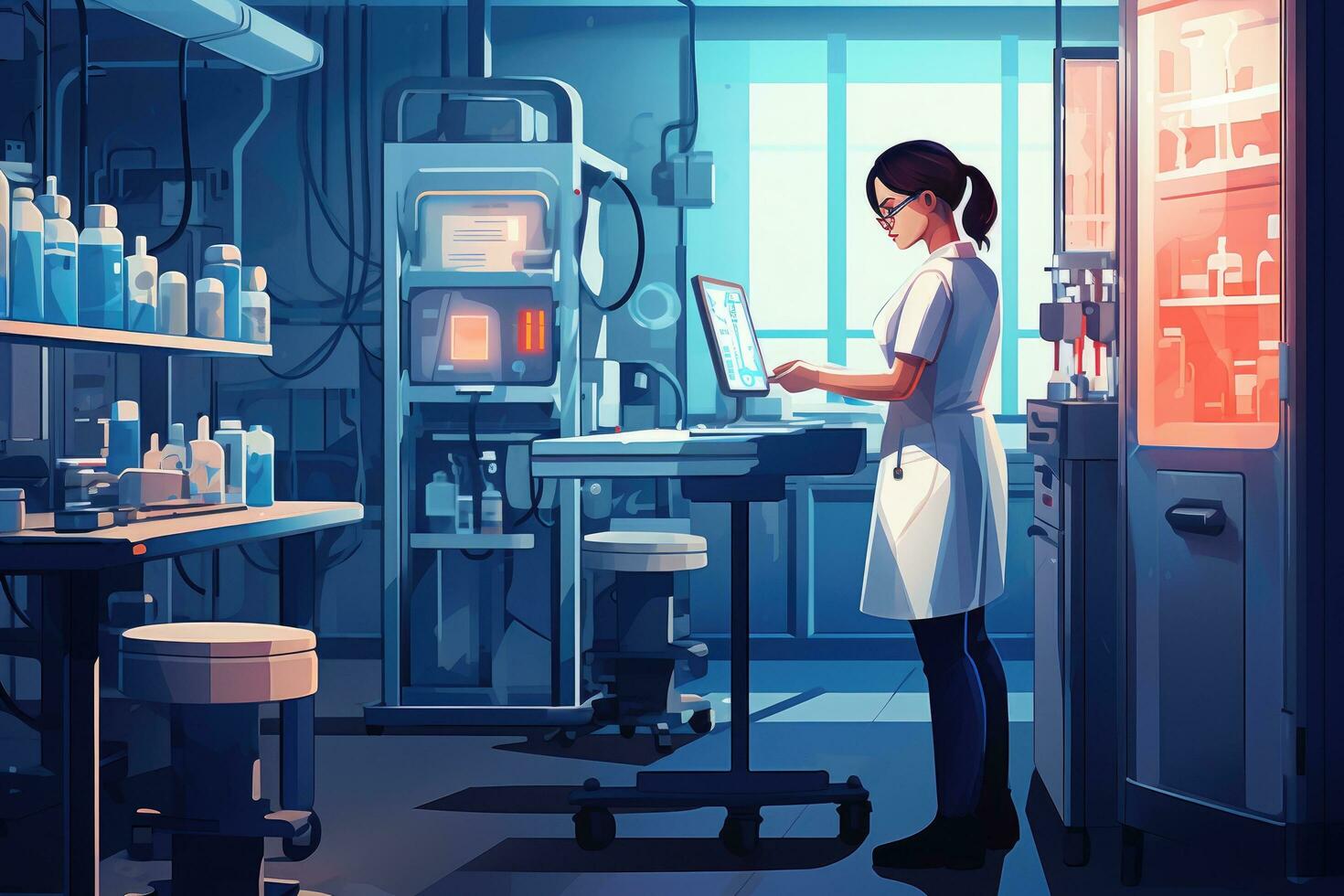 AI generated Vector illustration of a female doctor working in a laboratory. Medical background, In the biotechnological laboratory, a female research scientist analyzes a test tube in a medical photo