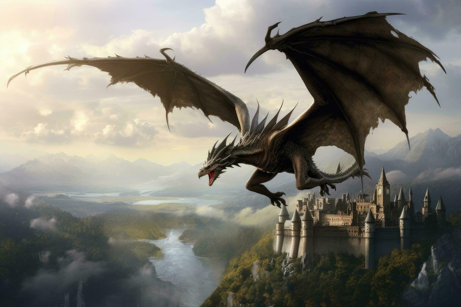 AI generated Fantasy landscape with fantasy castle and dragon. 3D illustration, A dragon soaring over a medieval castle, AI Generated photo