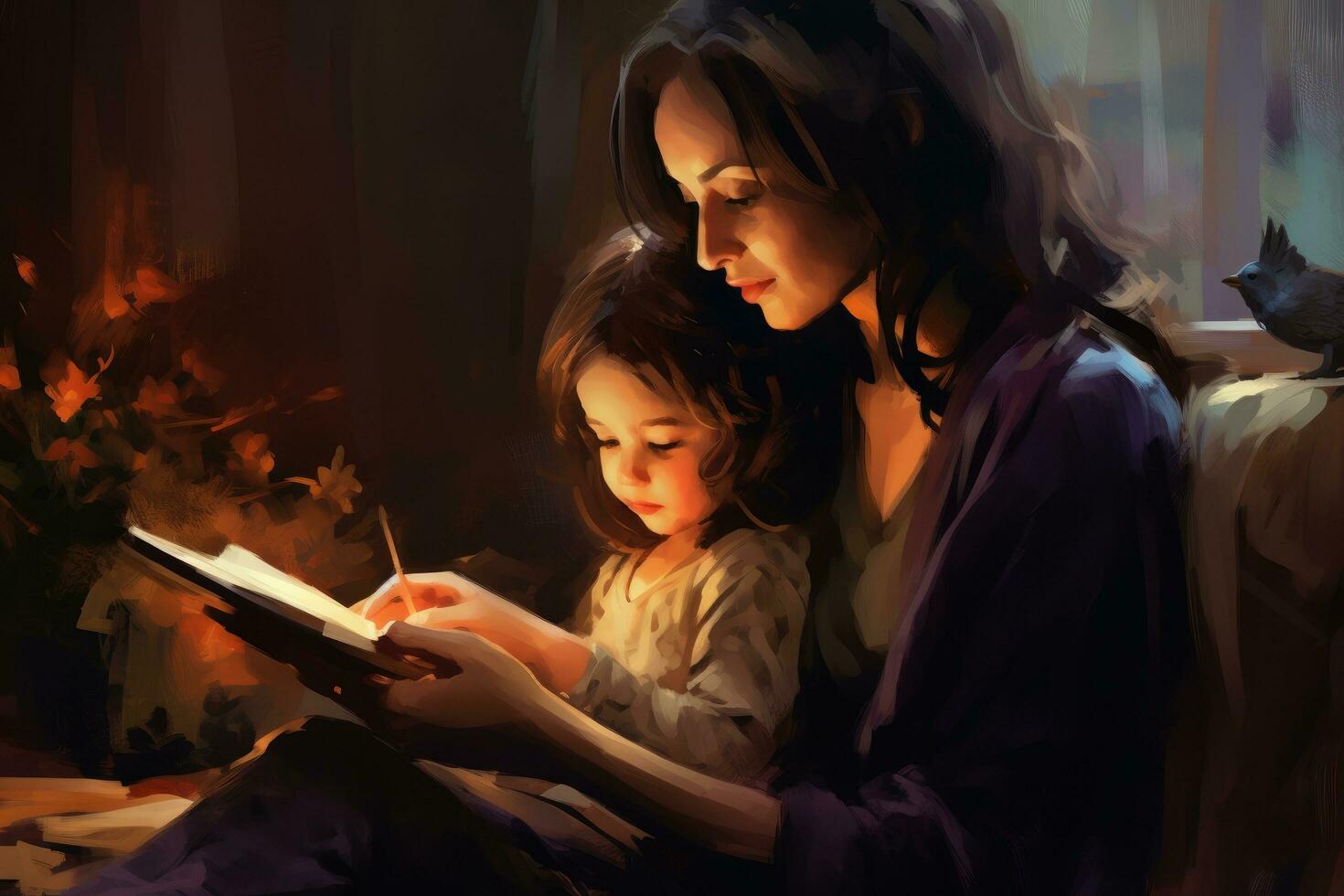 ai generado madre leyendo un libro a su hija a hogar en el noche, un digital pintura de un madre leyendo un madres día tarjeta, ai generado foto