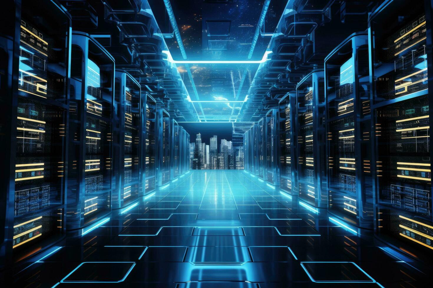 AI generated Futuristic server room with blue neon lights. 3d rendering, IT Server and a modern digital fortress with digital computers in a data center, AI Generated photo