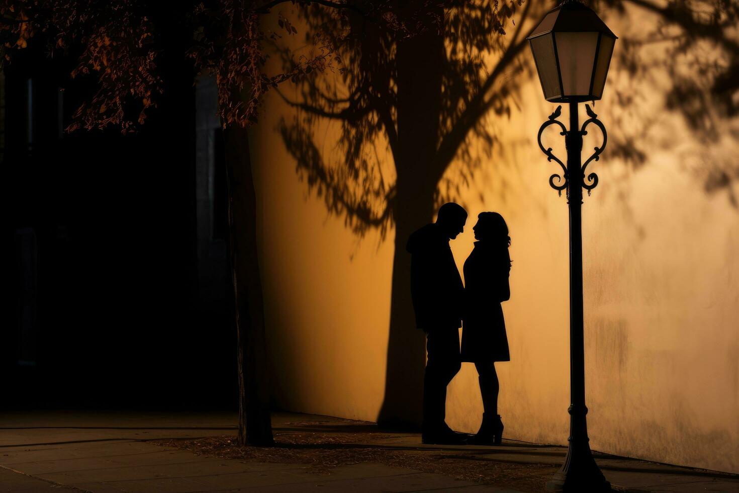 ai generado silueta de un amoroso Pareja en contra el antecedentes de un calle lámpara, un de pareja oscuridad fusionando dentro uno debajo un romántico luz de la calle, ai generado foto