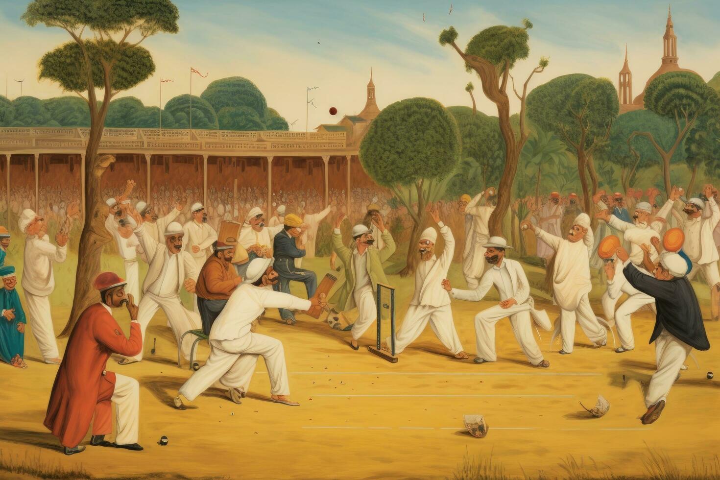 AI generated Unidentified Indian people playing tai chi in Kolkata, India, A cricket match in progress with the audience cheering, AI Generated photo