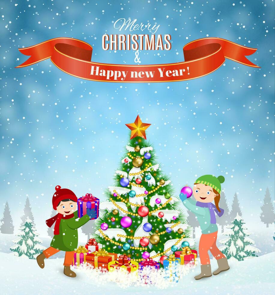 niños decorando un Navidad árbol vector