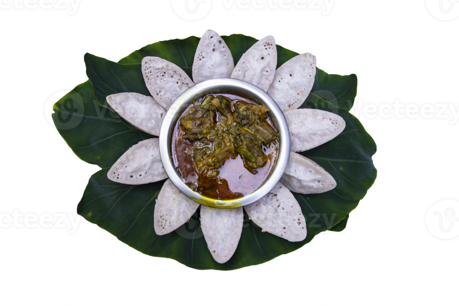 Bangladeshi Traditional Aush or Porangi Rice Special  Delicious tasty hand-made Chitoi Pitha Decorated on the green leaf with Duck Curry Recipe  isolated Background png