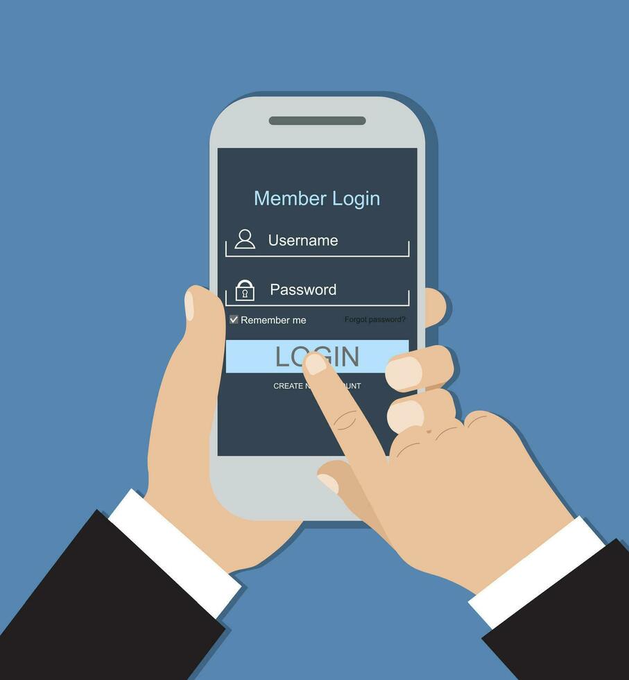 Man hand holding smart phone. Login form. vector