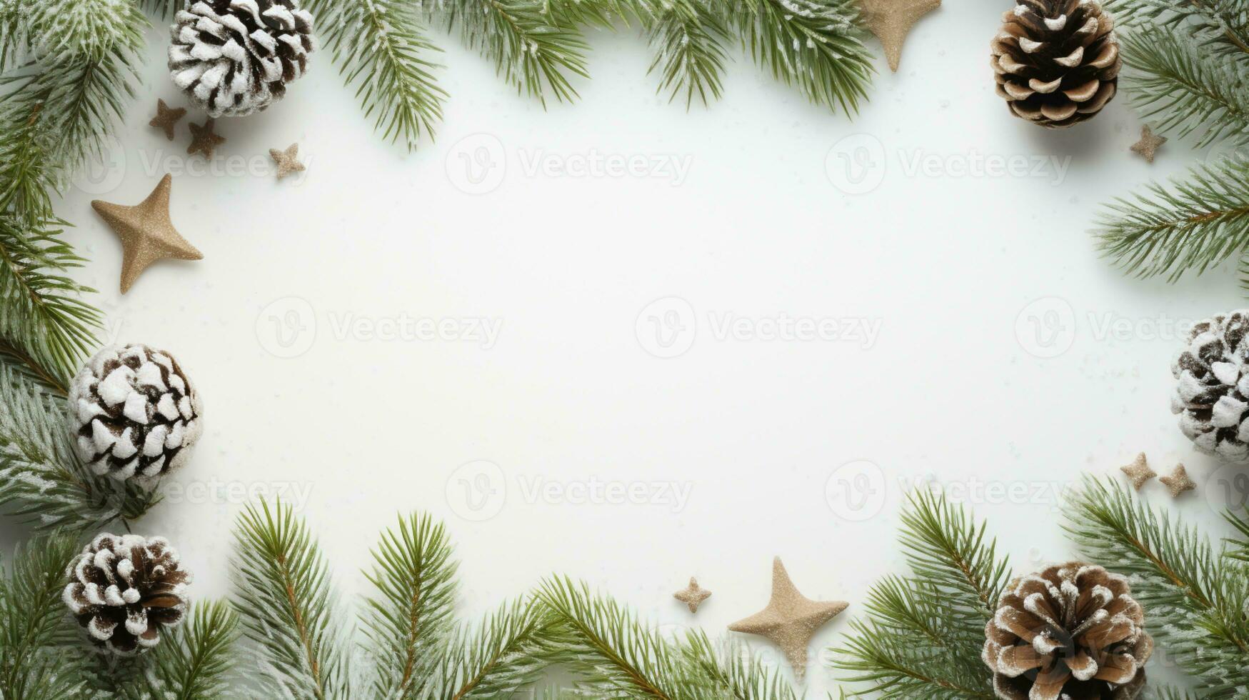 AI generated Christmas composition of fir tree branches with baubles and gifts on white background photo