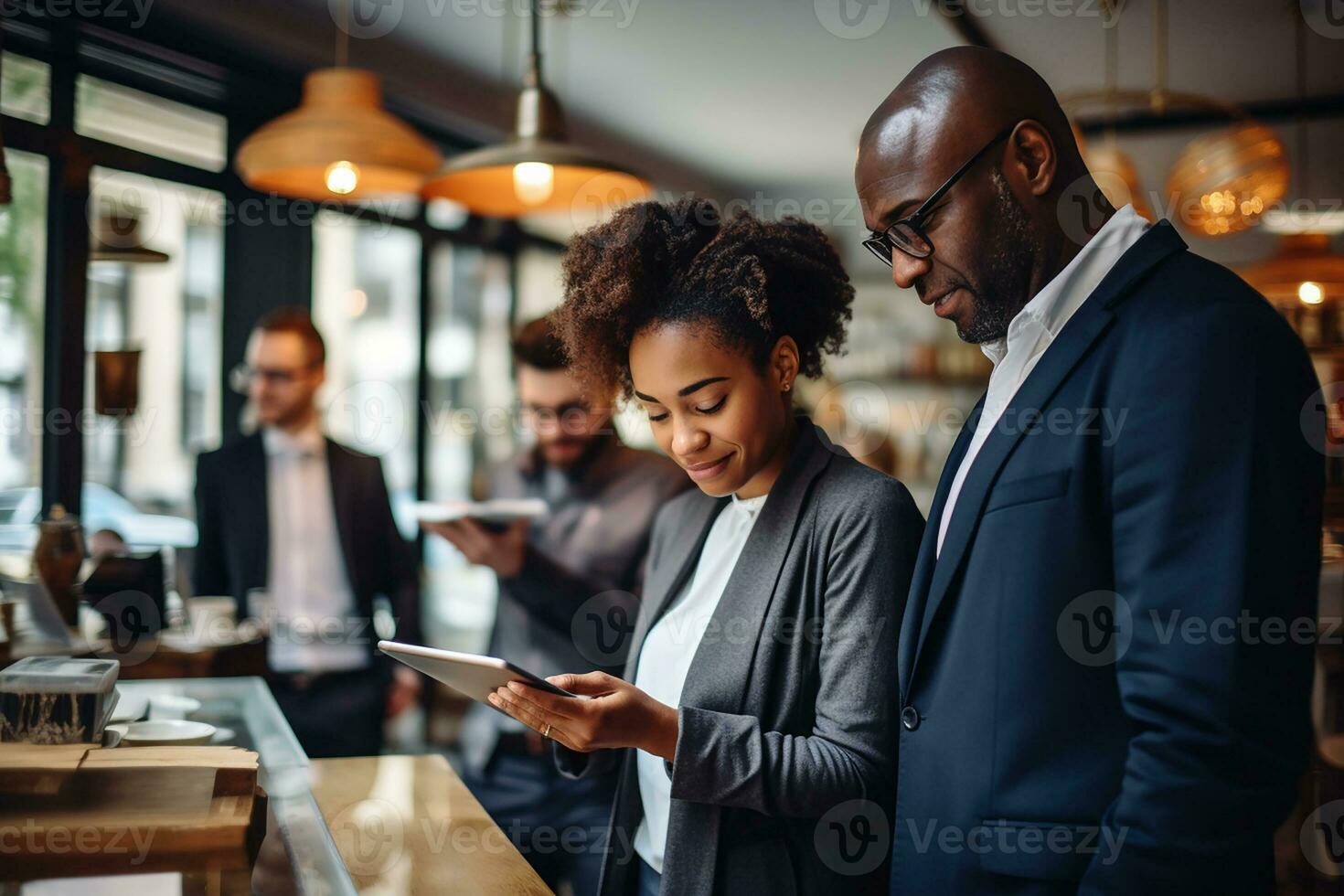 AI generated Business team working on new project and smiling. Man and women together in modern office for project discussion. photo