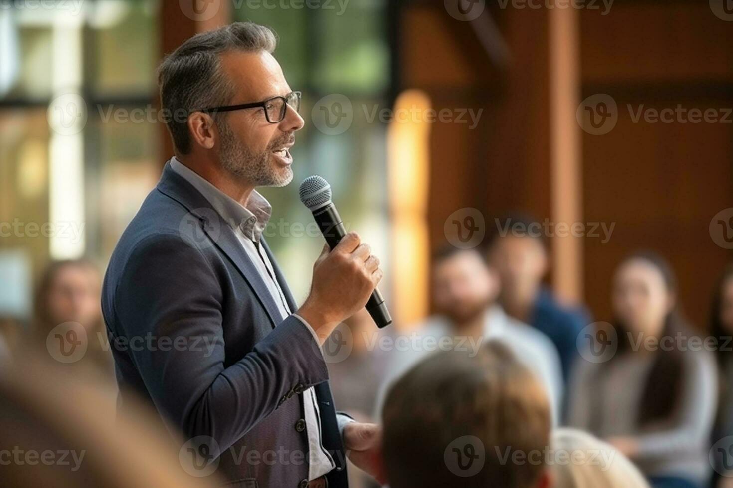 AI generated male speaker giving a talk on corporate business conference. Unrecognizable people in audience at conference hall. Business and Entrepreneurship event photo