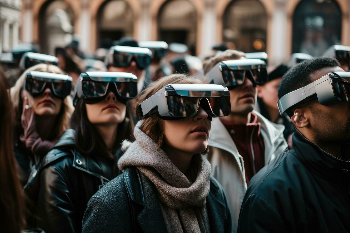 AI generated People gather outside Gucci fashion show building for Milan Women's Fashion Week in Milan, A crowd of people wearing augmented reality glasses, AI Generated photo