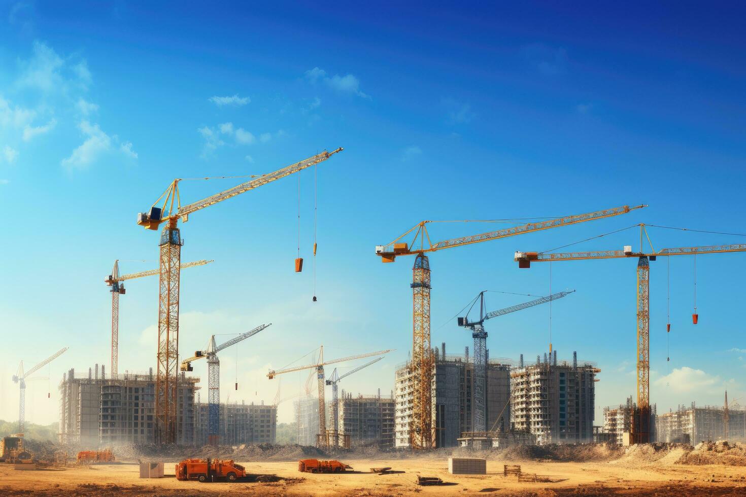 AI generated Construction site with cranes on blue sky background. 3d rendering, Construction site with cranes and a building against a blue sky, AI Generated photo