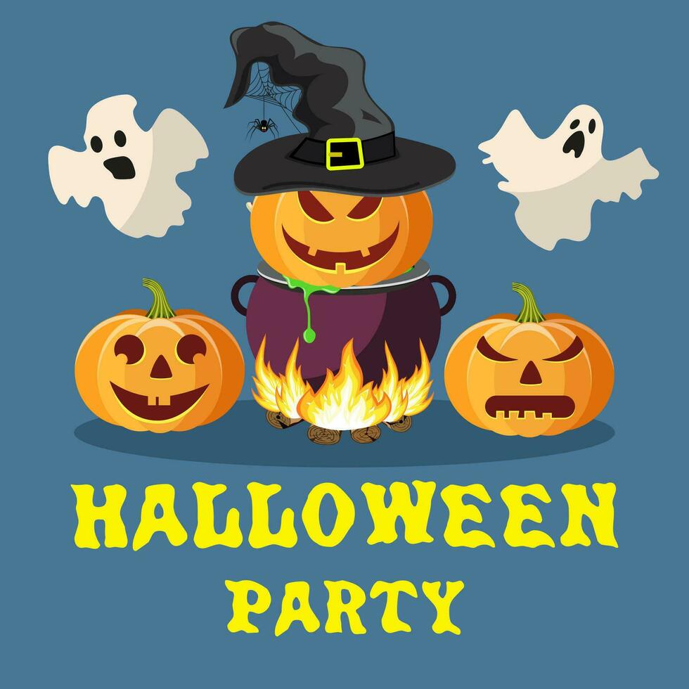 Halloween pumpkin with witches hat vector