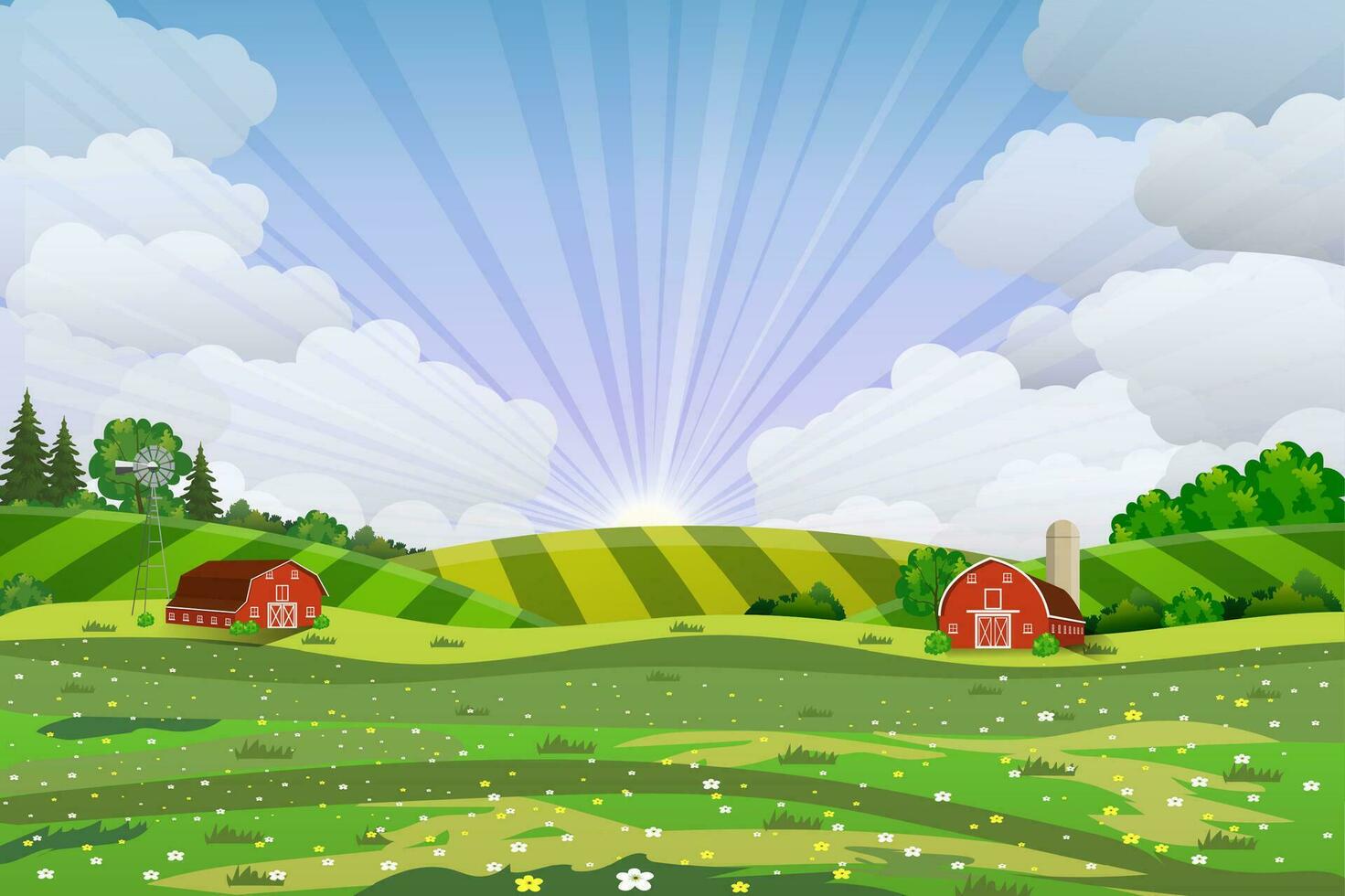 Cartoon farm green seeding field, vector