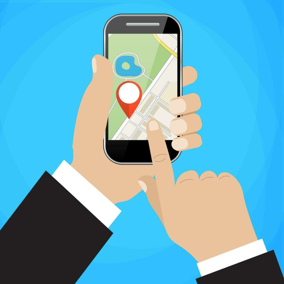Hand holds smartphone with city map vector