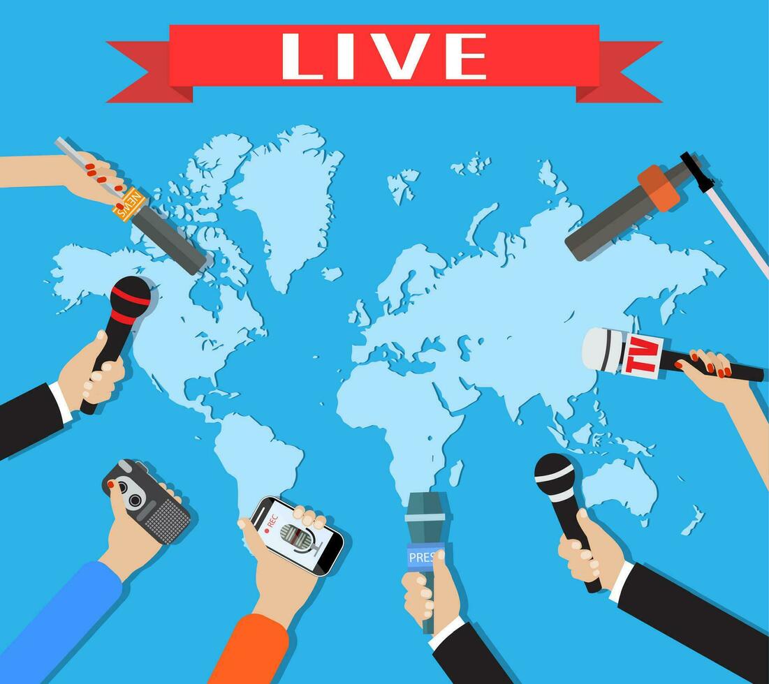 Few hands of journalists with microphones, vector