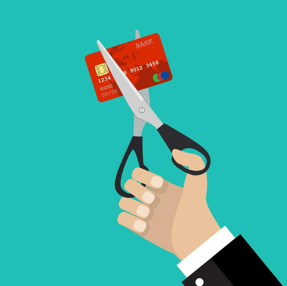 businessman hand hold scissors cutting credit card vector