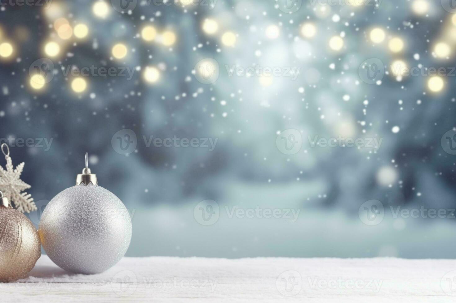 AI generated Merry christmas and happy new year, holidays greeting card with blurred bokeh background photo
