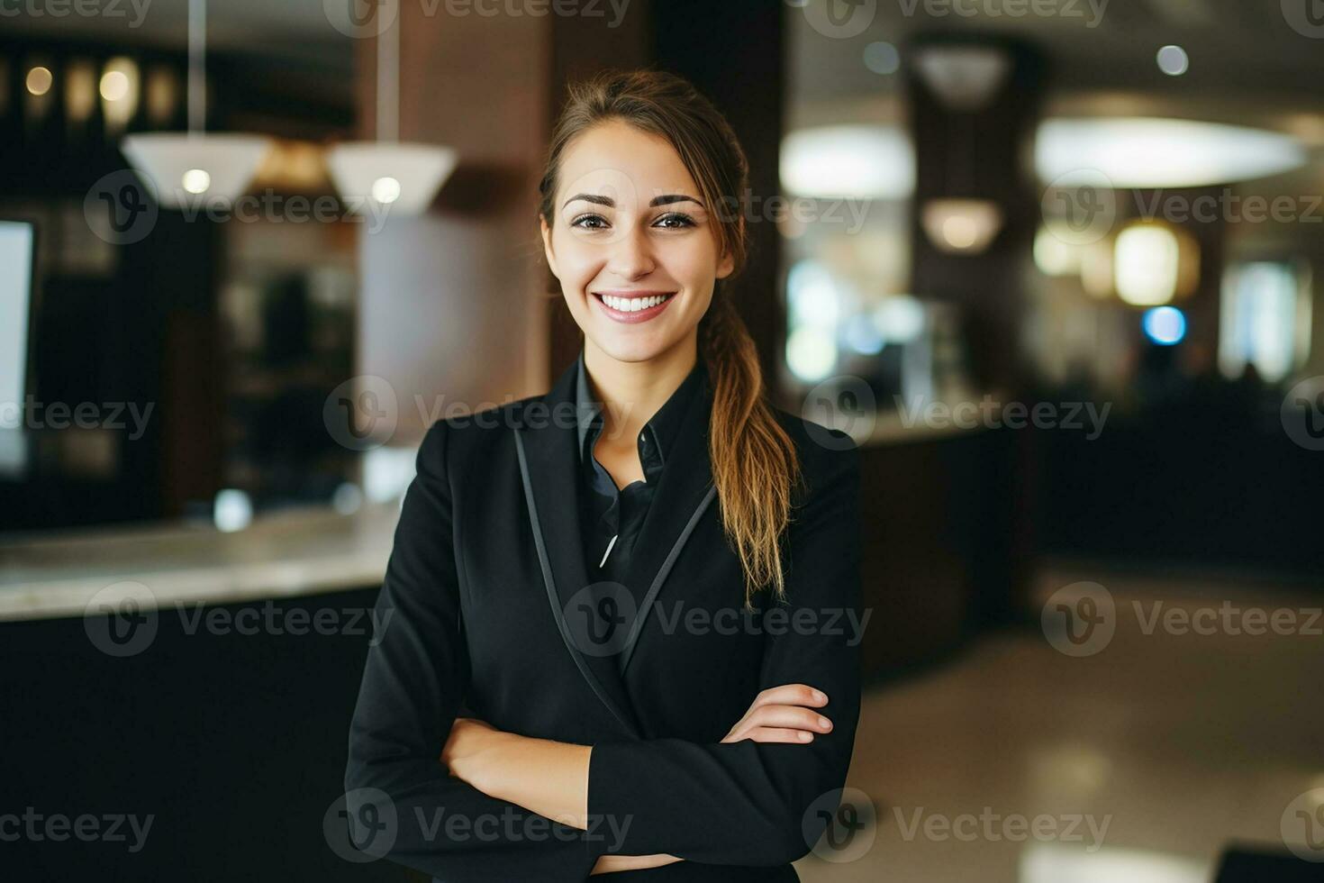 AI generated Portrait of beautiful businesswoman in modern office generative AI photo