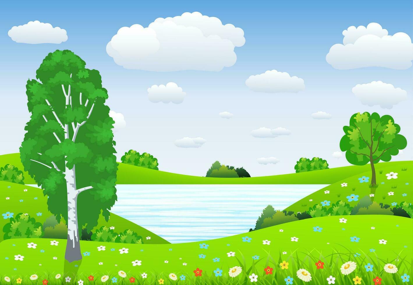 verde paisaje con arboles nubes flores vector