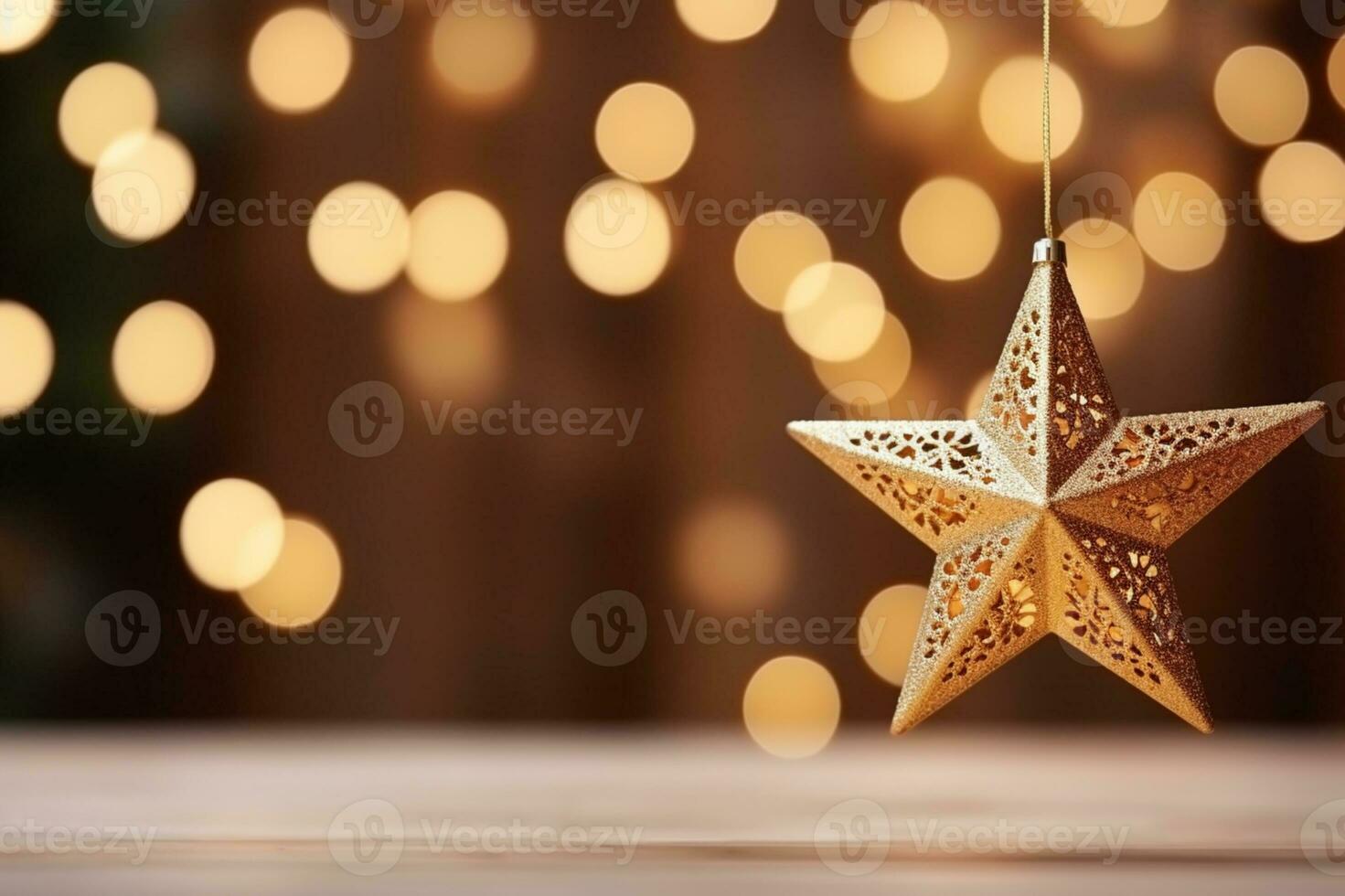 AI generated Selective focus shot of star ornament hanging on christmas tree photo