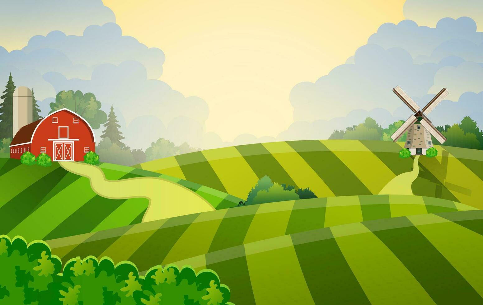 Cartoon farm green seeding field, vector