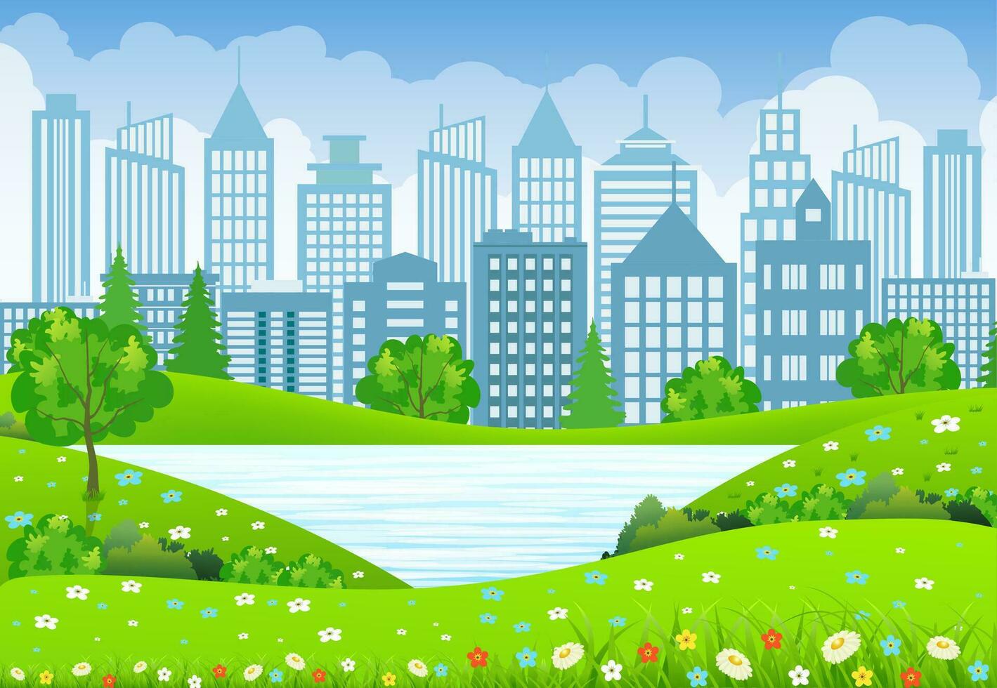 verde ciudad paisaje con árbol lago y flores vector