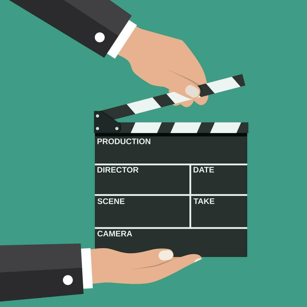 Black opened clapperboard in hands. vector