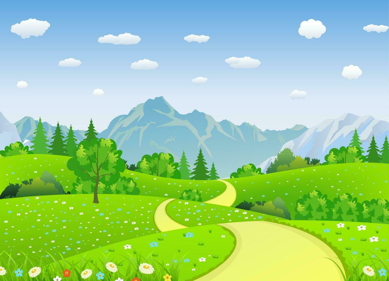 Summer landscape with meadows and mountains. vector