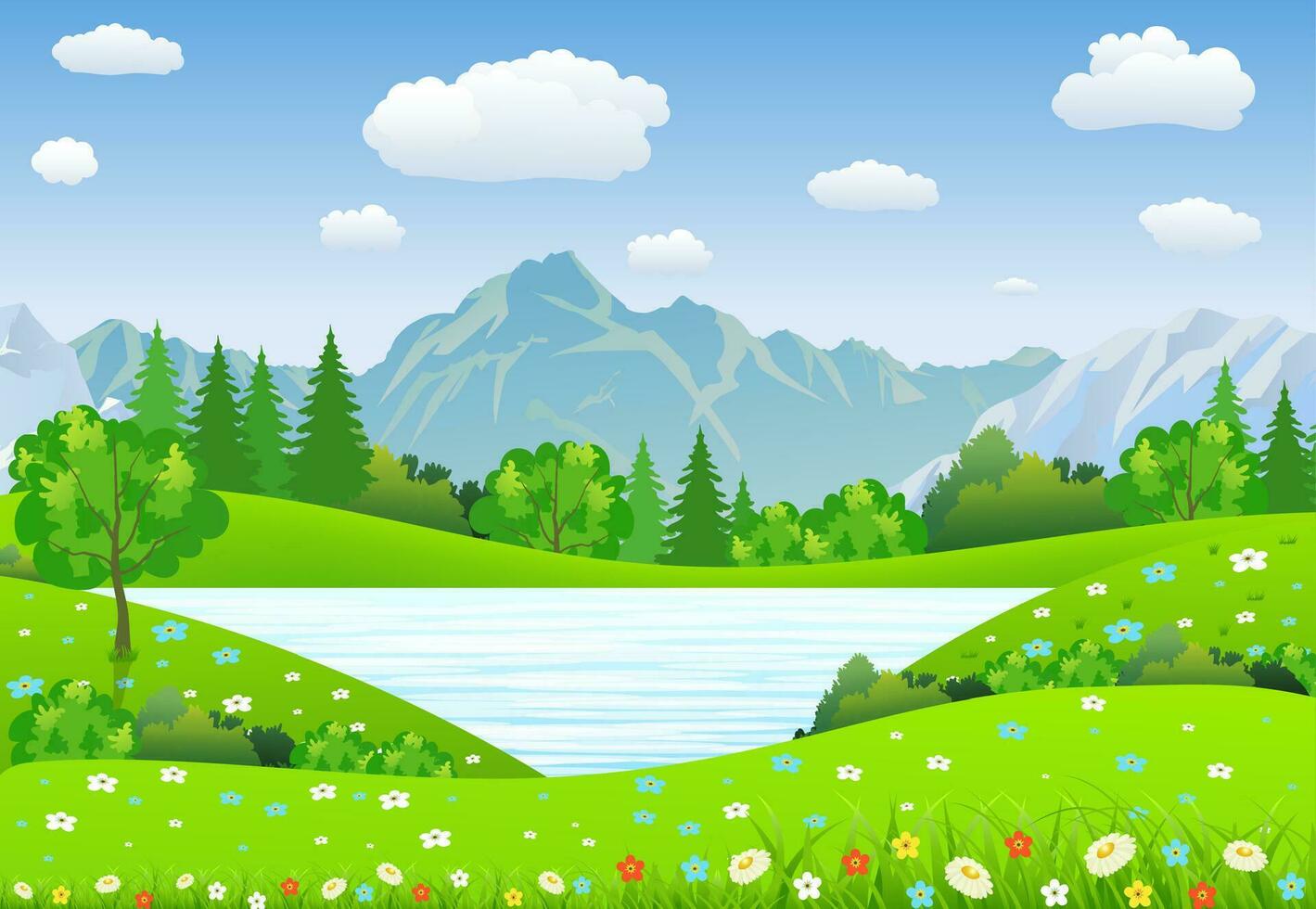 verano paisaje con prados y montañas. vector