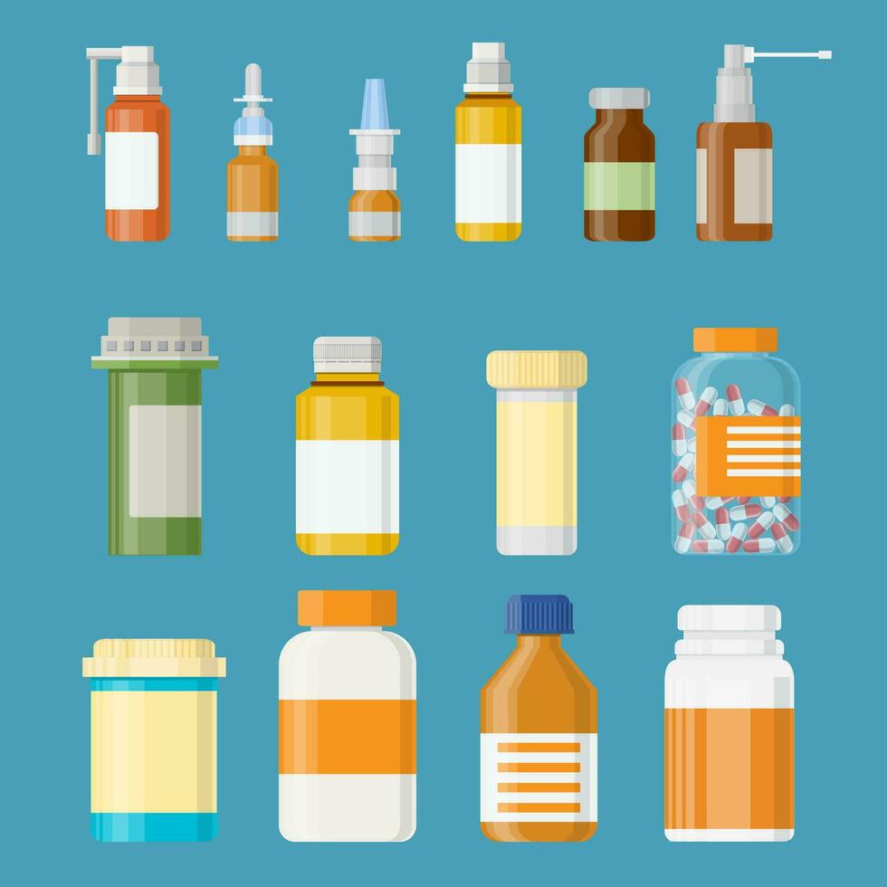 Set of medicine bottles with labels and pills. vector