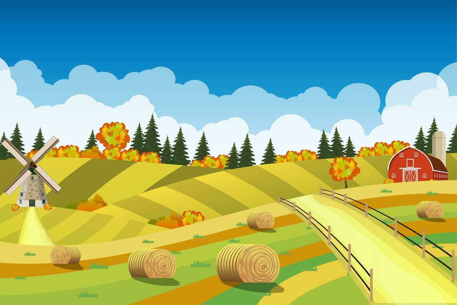 campo paisaje con pajar en campos. vector