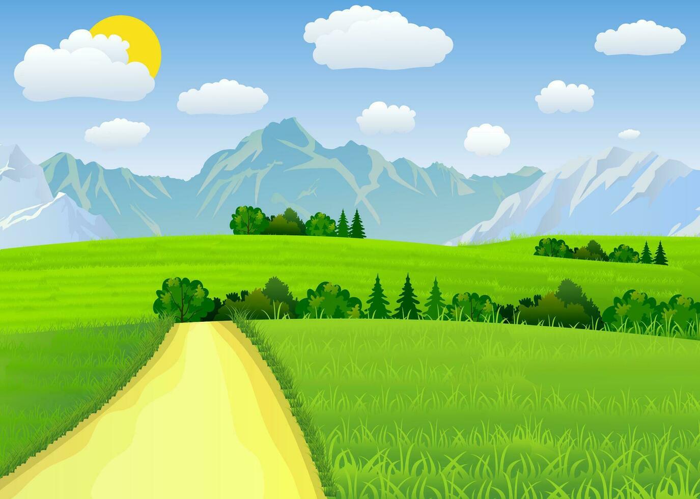 Summer landscape with meadows and mountains. vector