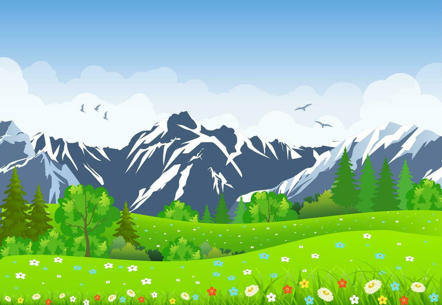 verano paisaje con prados y montañas. vector