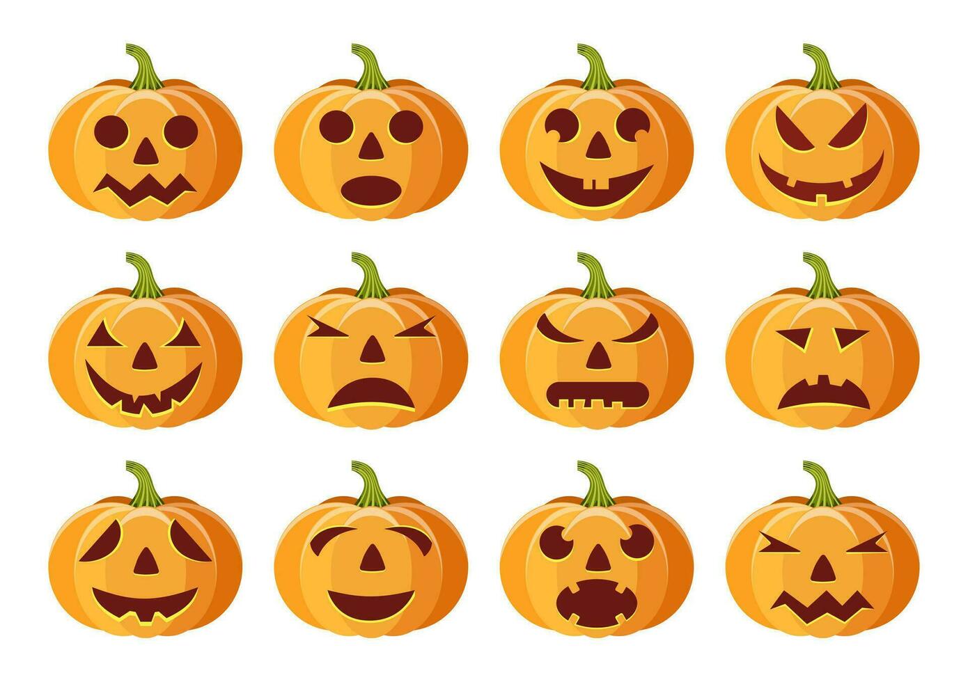 set of isolated pumpkins on white background. vector