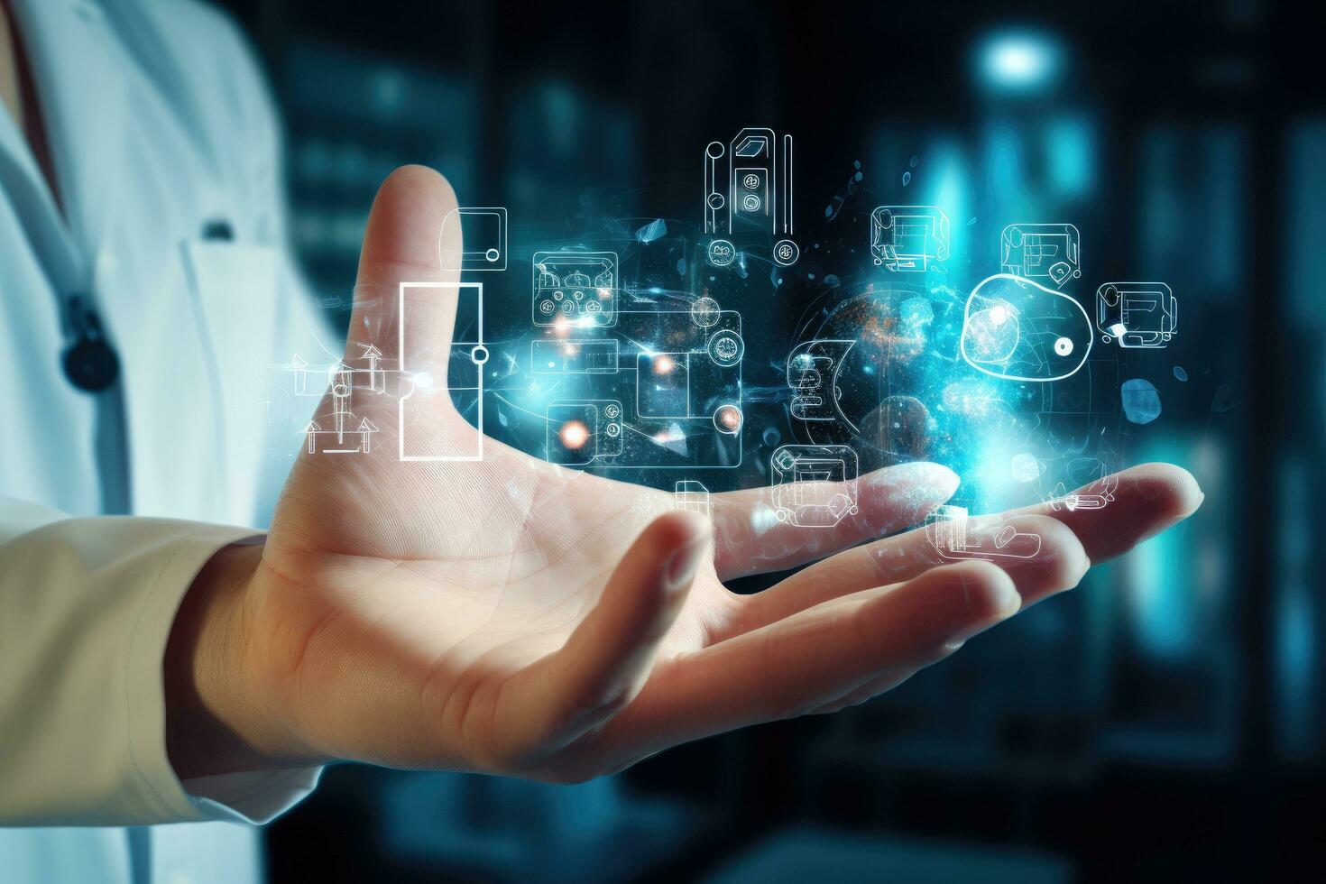 AI generated Close up of female doctor holding glowing medical interface in palm. 3D rendering, Doctor's hand in a hospital with digital medical icons graphic banner showing the symbol of medicine photo