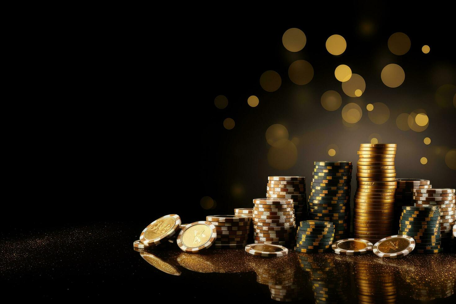 AI generated Casino theme playing cards, chips and golden coins on black background, Concept of casino game poker, card playing, gambling chips in a black and gold style banner backdrop background photo