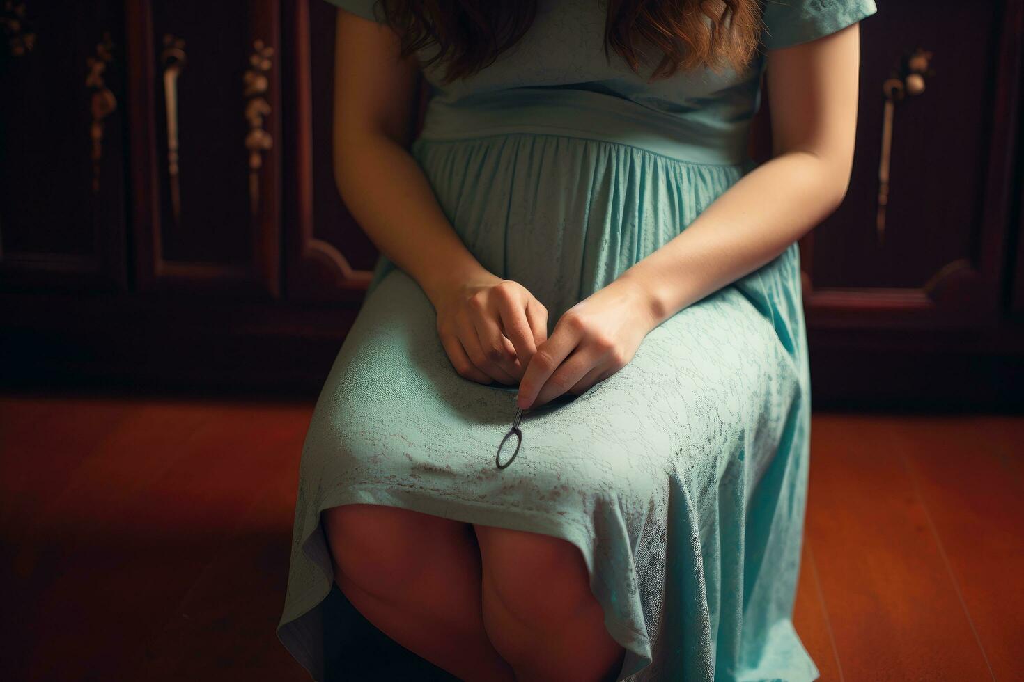 AI generated A woman in a turquoise dress is sitting on the floor, Cropped image of a woman holding a pregnancy test on her knees, AI Generated photo