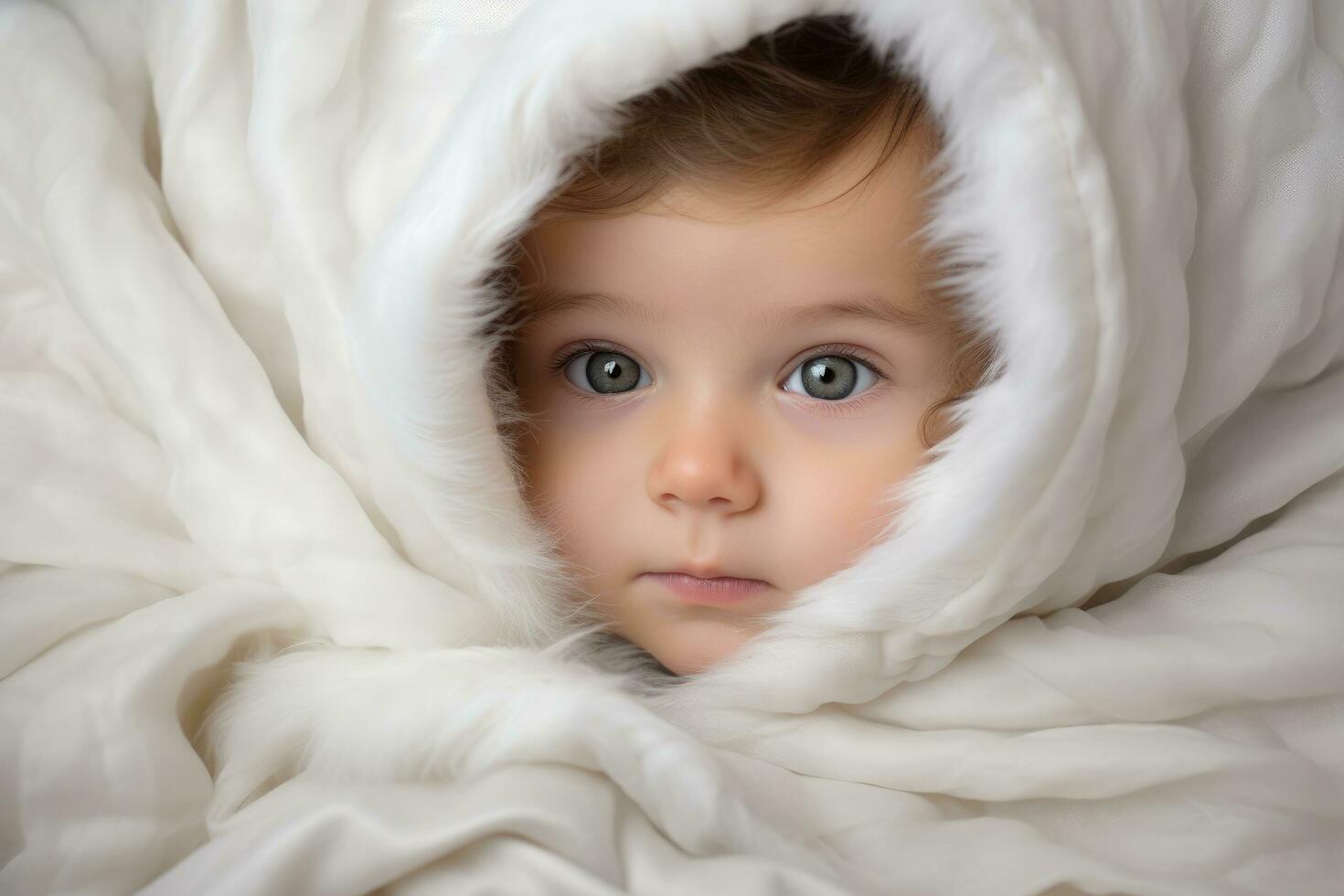 AI generated Cute little girl with blue eyes in a white fluffy blanket, Customer review concept with star and people in flat style. Vector illustration, Customer service evaluation and feedback photo