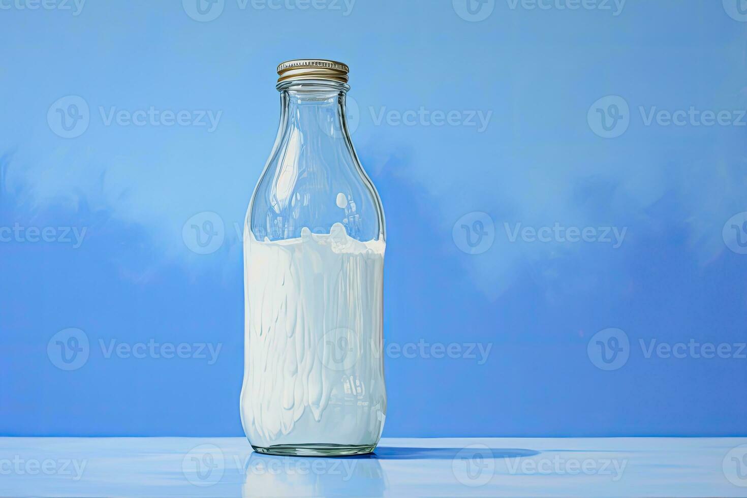 AI generated A glass bottle with full milk on blue background. AI Generated photo