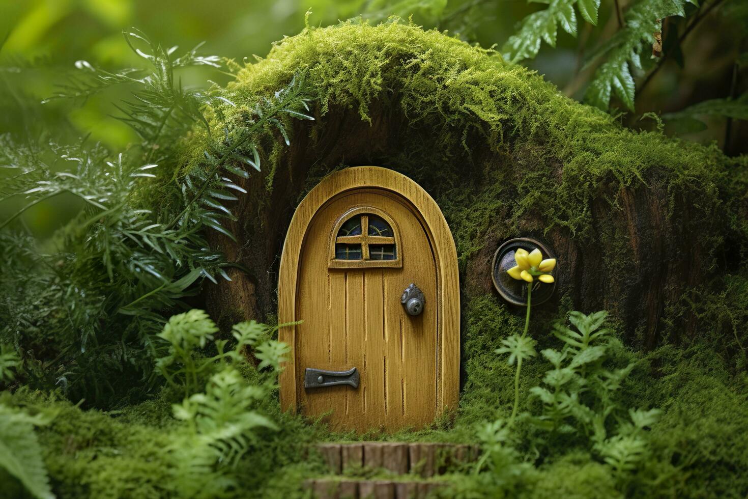 AI generated Little magic wooden fairy doors and plants leave on a mossy natural green background. AI Generated photo