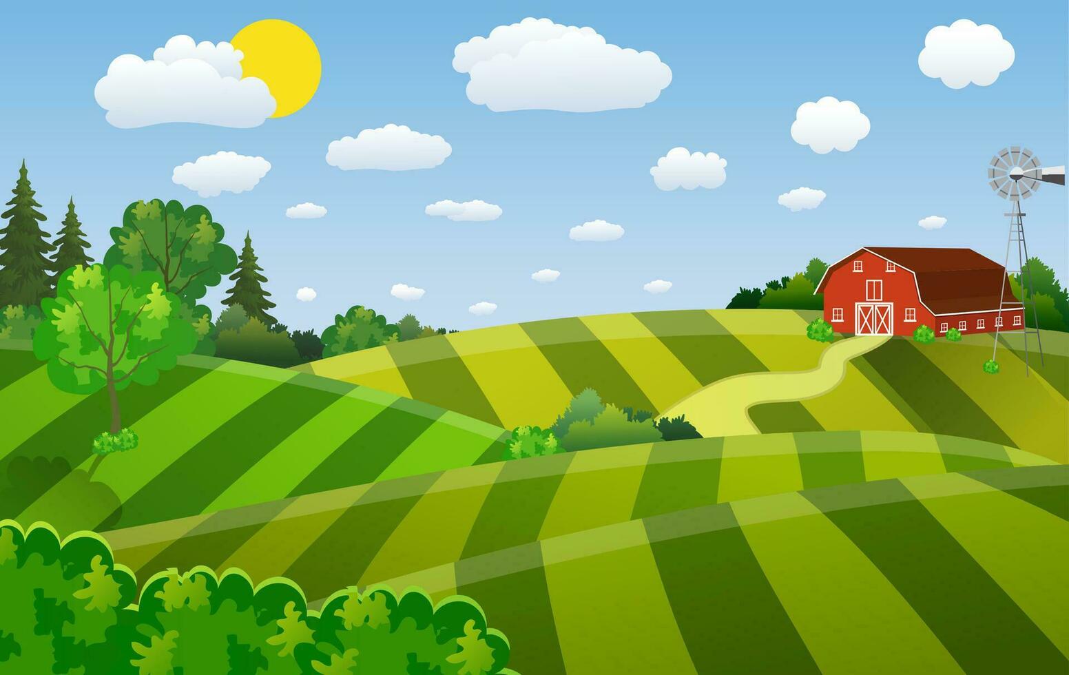 Cartoon farm green seeding field, vector