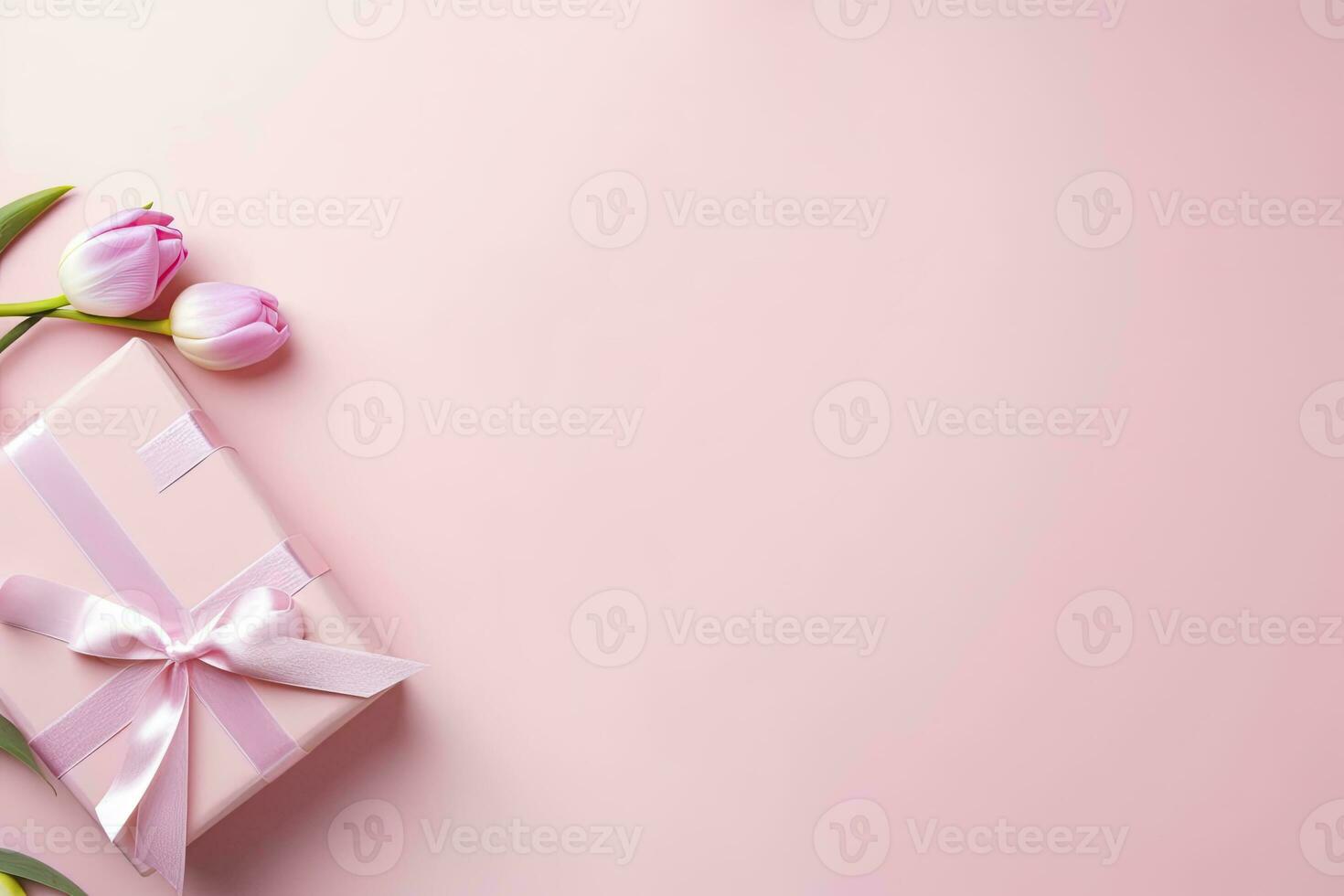AI generated Pink gift box with ribbon bow and bouquet of tulips on isolated pastel pink background. AI Generated photo