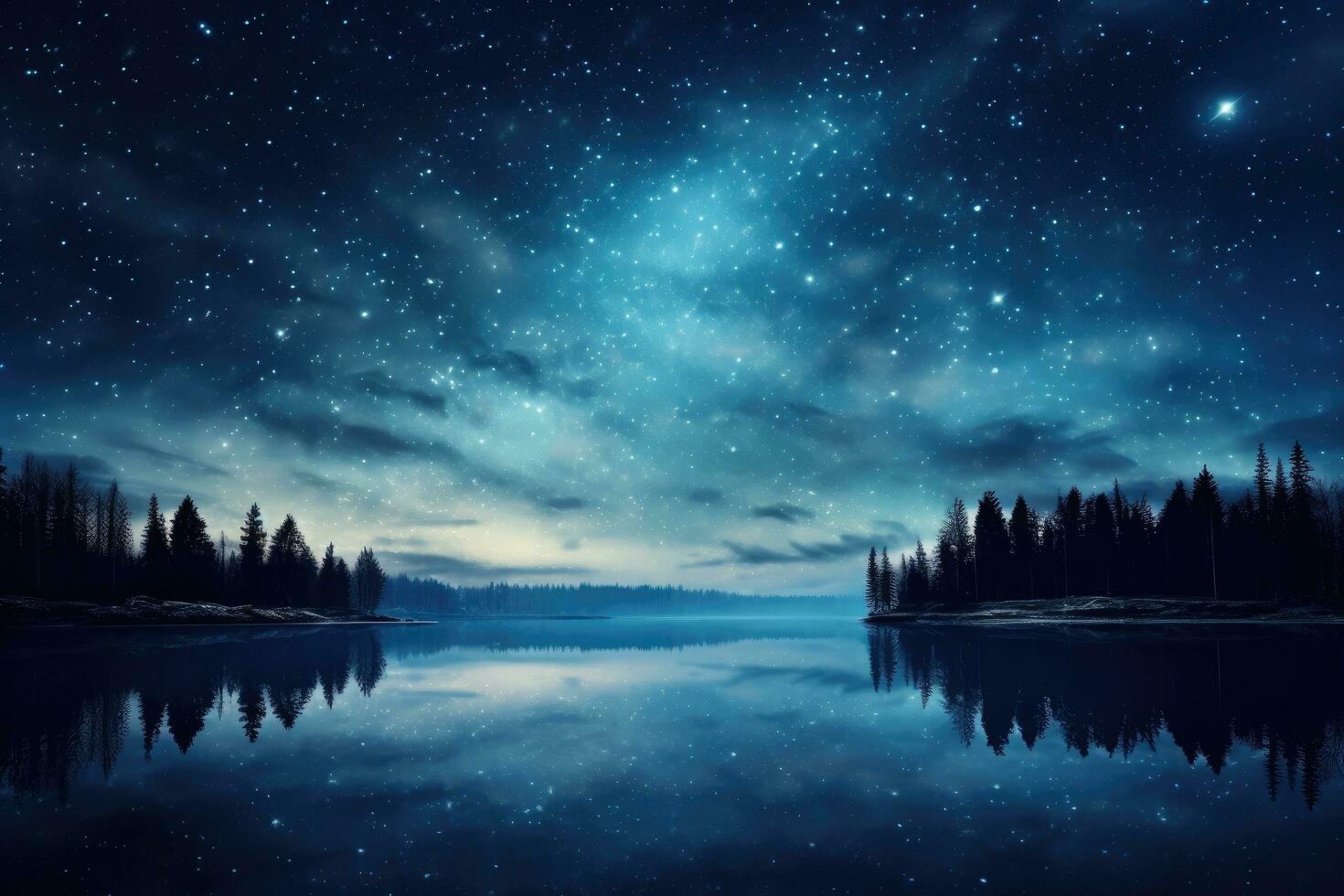 AI generated Fantastic night landscape with lake, forest and starry sky, A dreamy, star-studded sky above a tranquil lake, AI Generated photo