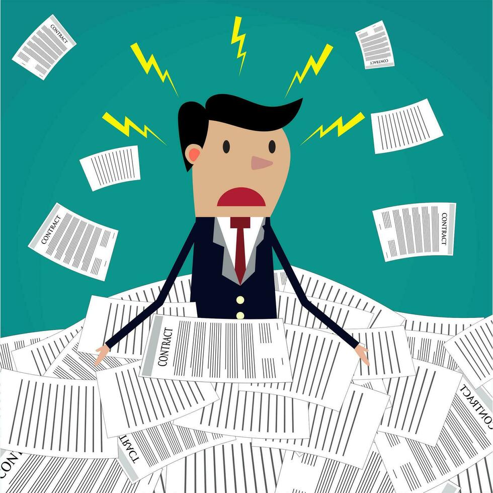 Stressed cartoon businessman in pile of papers vector