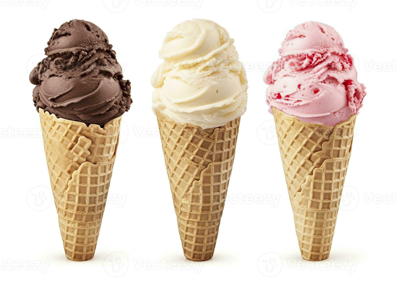 AI generated Chocolate, vanilla and strawberry Ice cream in the cone on white background. AI Generated photo