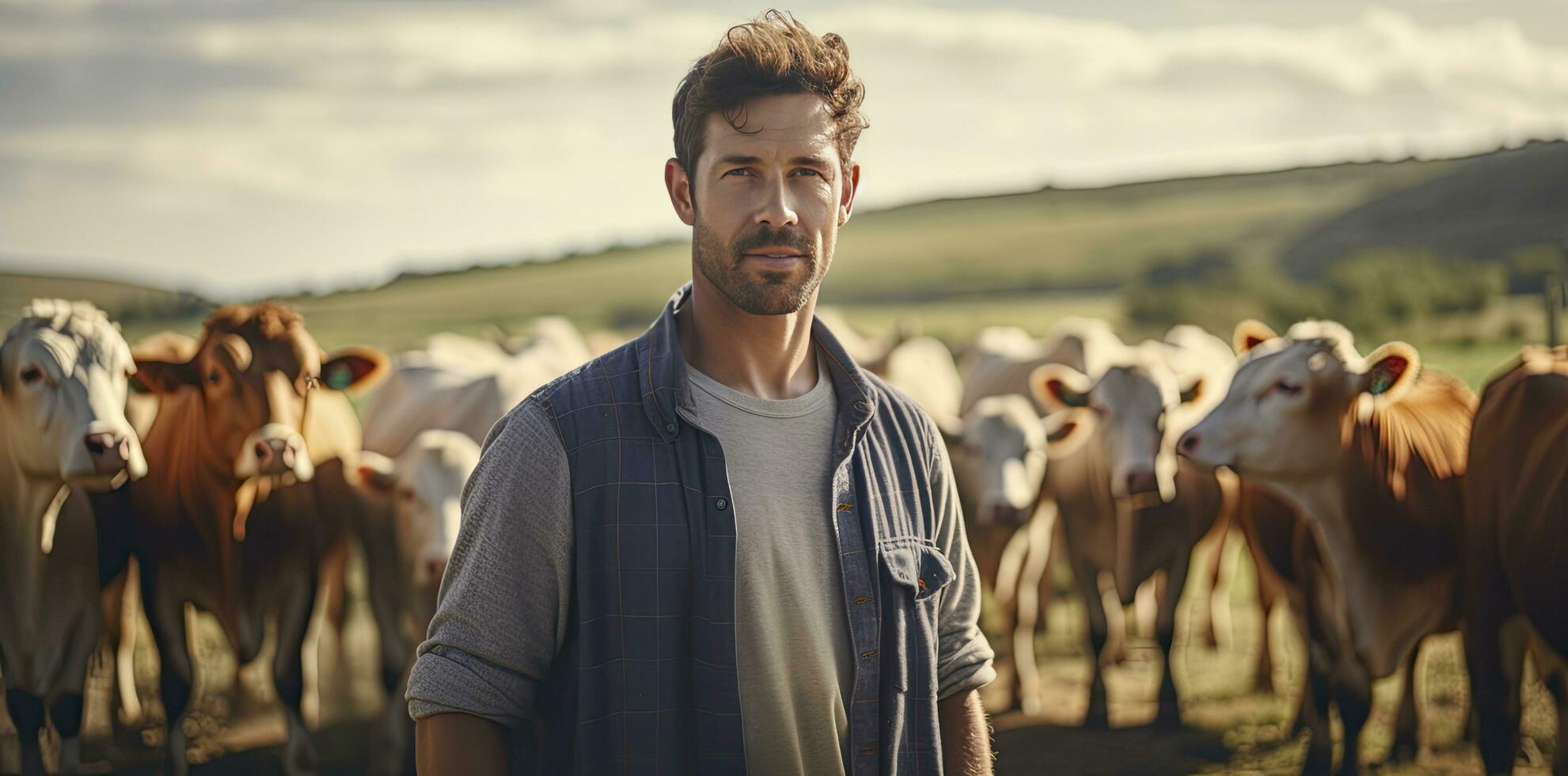 AI generated Farmer Standing in Front of a Herd of Cows. photo