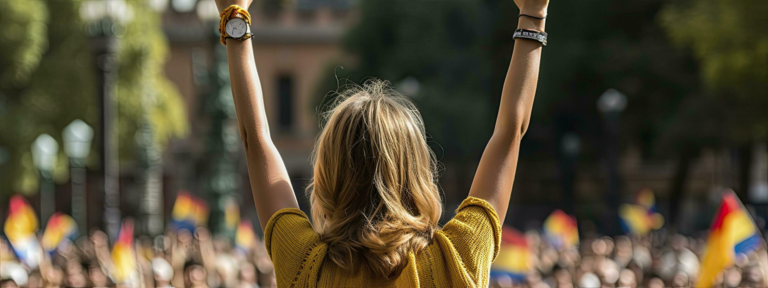 AI generated Back view of a Woman raises hands protesting for her rights photo